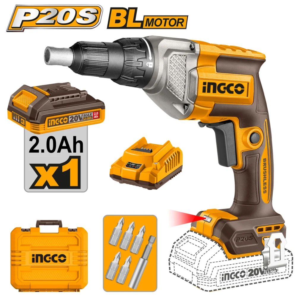 Mașină de înșurubat pentru gips cu acumulator 20V/1*2.0Ah INDUSTRIAL INGCO CDSLI204281