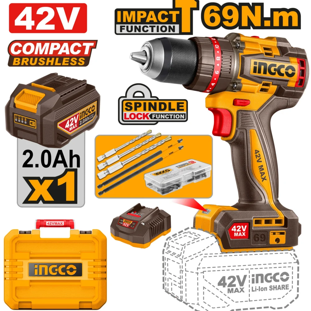 Mașină de înșurubat cu percuție cu acumulator INGCO 69Nm 42V/1*2Ah CIDLI426981