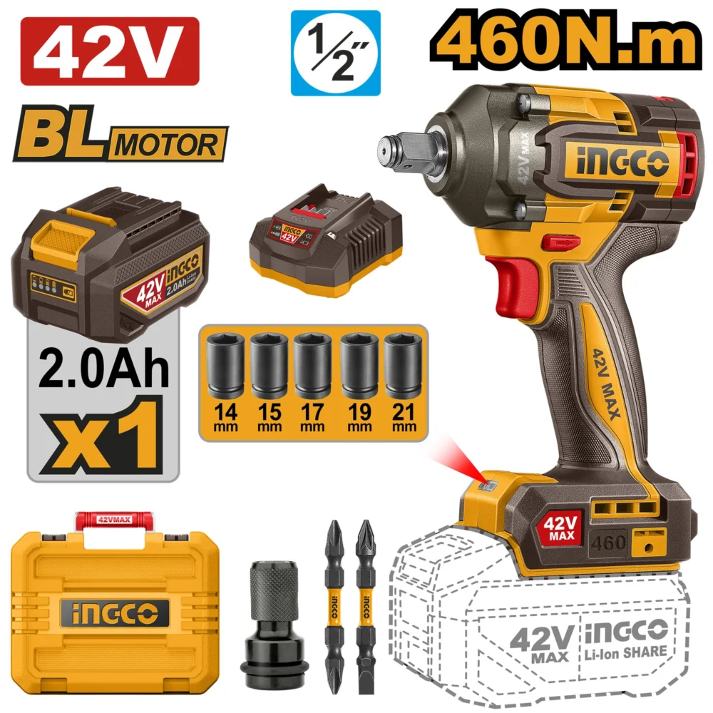 Mașină de înșurubat cu impact cu acumulator BLmotor 42V/1*2Ah 460N.m INGCO CIWLI42461