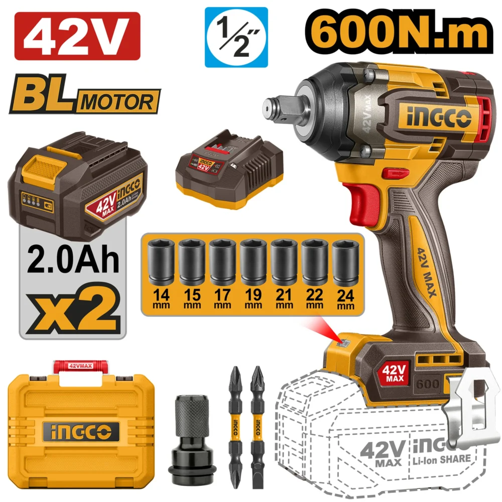 Mașină de înșurubat cu impact cu acumulator BLmotor 42V/2*2Ah 600N.m INGCO CIWLI42602