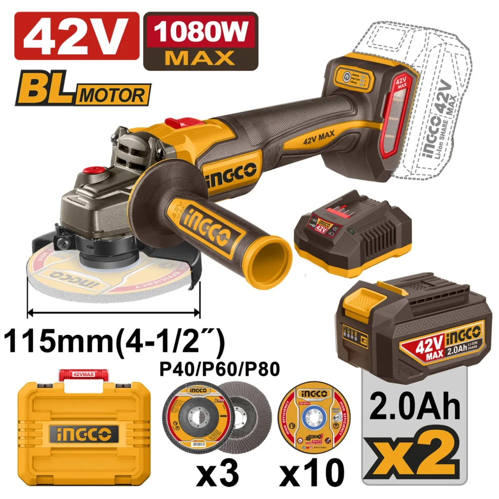 Polizor unghiular cu acumulator 42V/2*2.0Ah 1080W INGCO CAGLI4108112