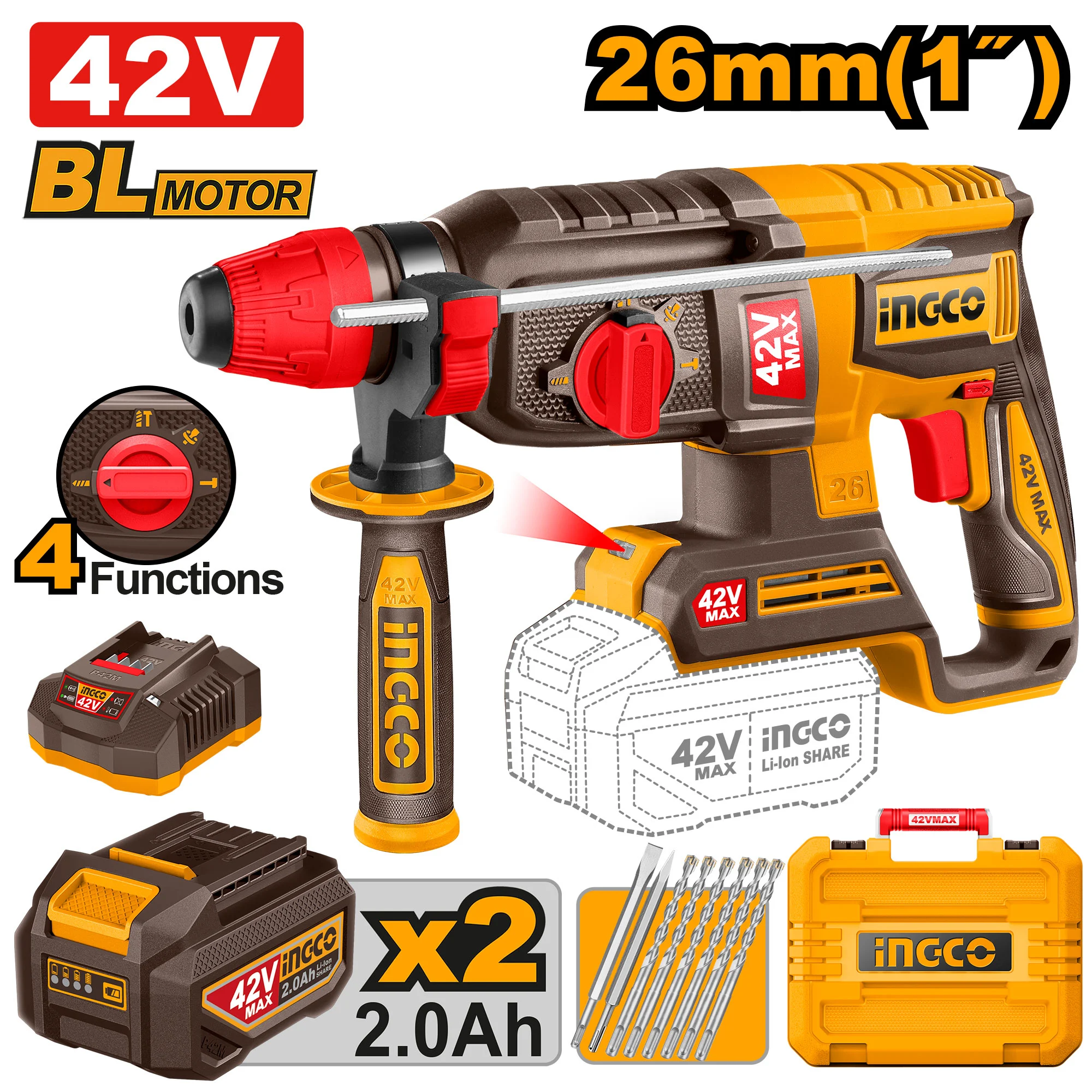 Аккумуляторный перфоратор 42В/2*2Ач INGCO CRHLI422682 Ciocan rotopercutor cu acumulator 42V/2*2.0Ah INGCO CRHLI422682