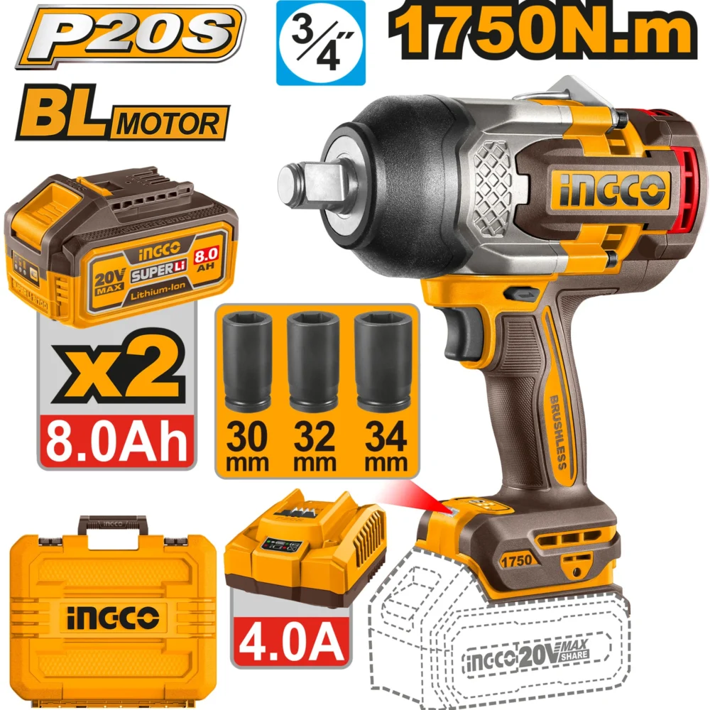 Mașină de înșurubat  cu acumulator 20V/2*8.0Ah 1750Nm  INDUSTRIAL INGCO CIWLI20175