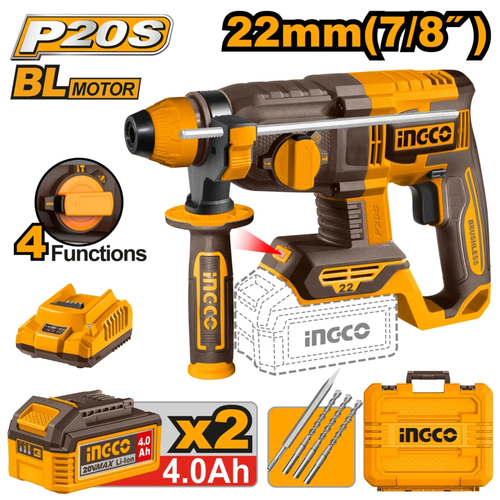 Ciocan rotopercutor plus cu acumulator 22mm  20V INDUSTRIAL INGCO CRHLI212282 20V/2*4A