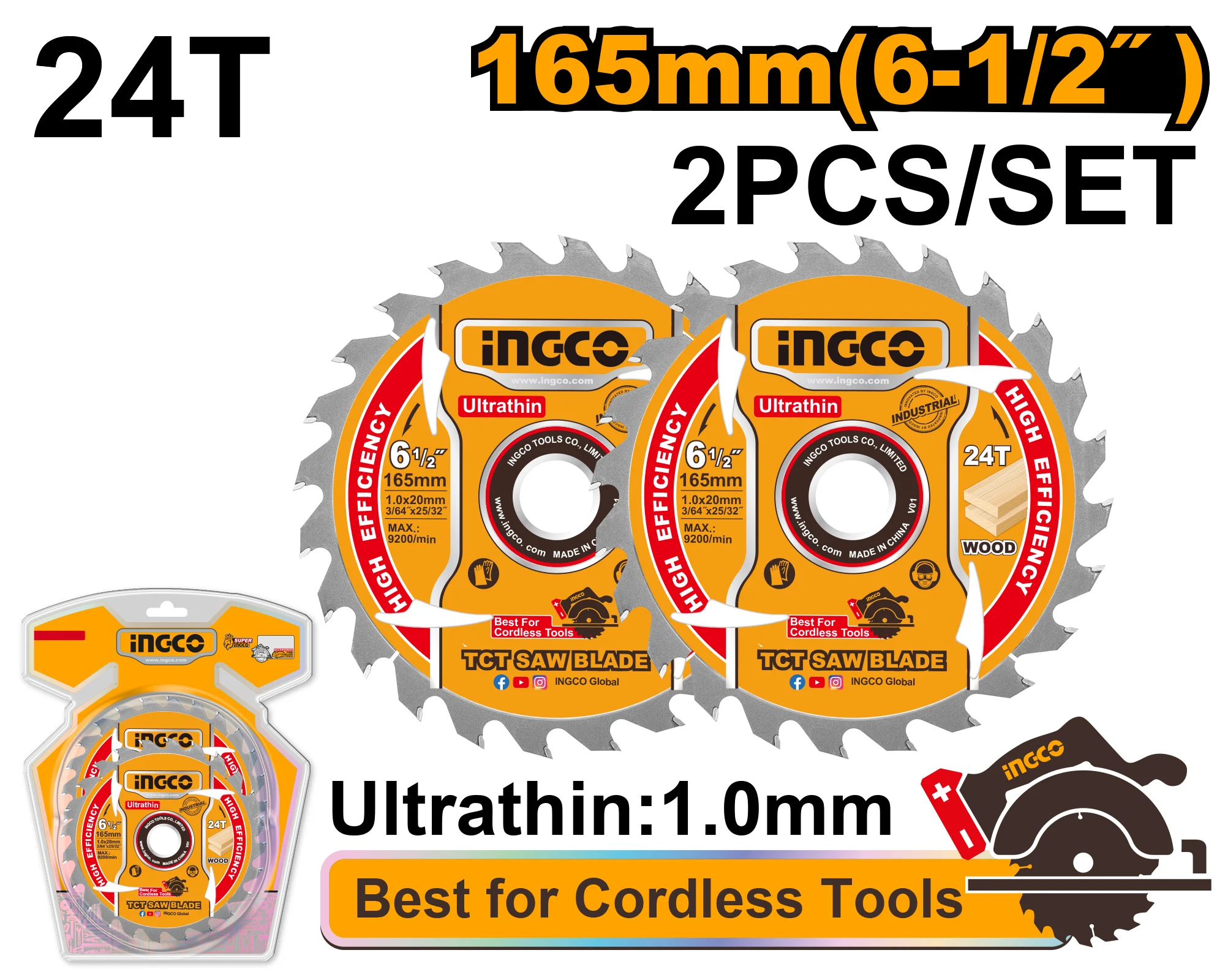 Set disc pentru lemn 165mm 24T 2buc. INGCO TSB1653 Set disc pentru lemn 165mm 24T 2buc. INGCO TSB1653