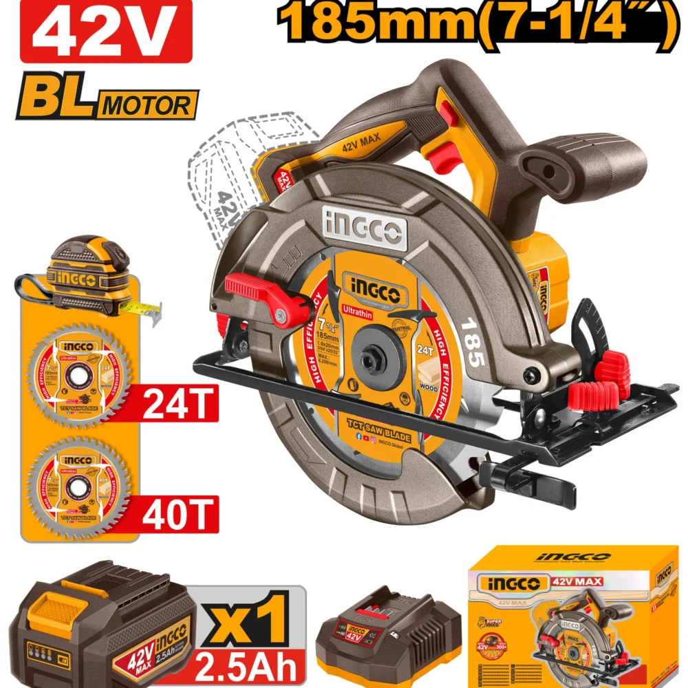 Fierăstrău circular cu acumulator 42V/1*2.5Ah, (motor fără perii)185 mm CSLI4218511 INGCO