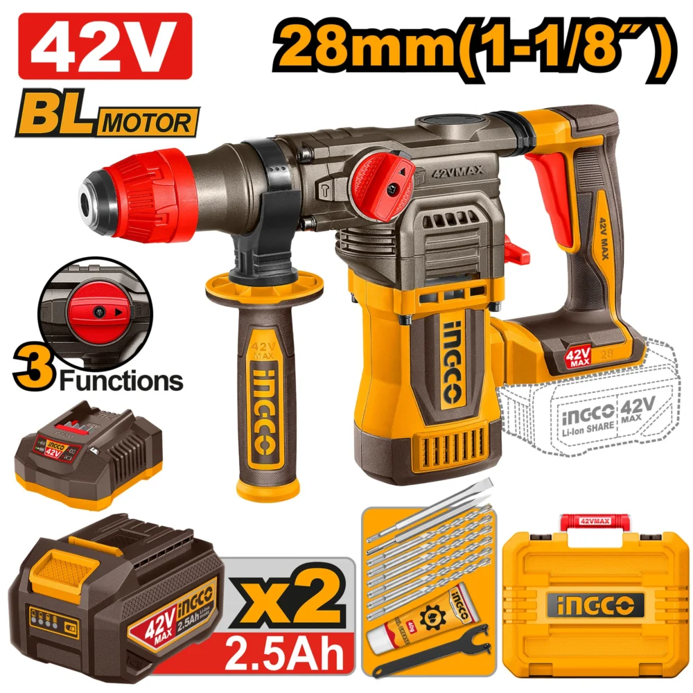 Ciocan rotopercutor 28mm cu acumulator 42V/2*2.5Ah INGCO CRHLI422882