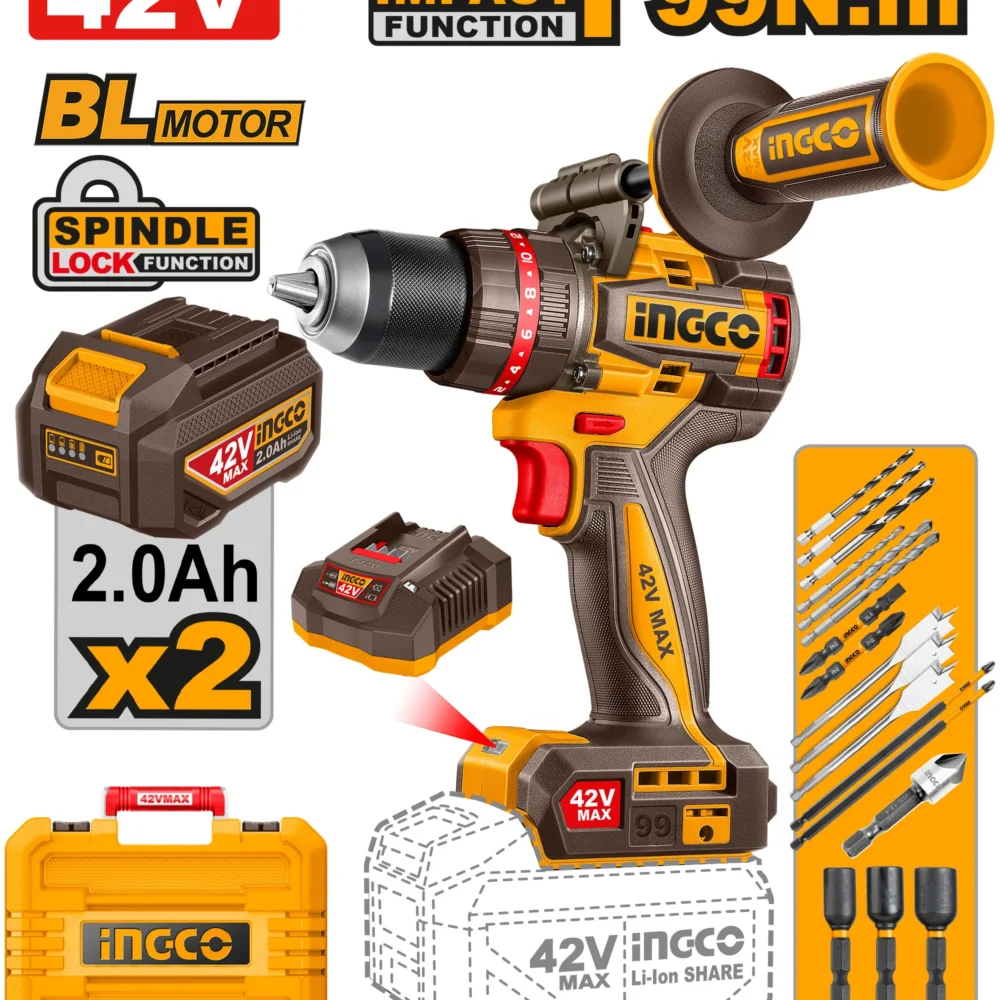 Mașină de înșurubat cu percuție cu acumulator 42V/2*2.0Ah 99N.m INGCO CIDLI429982