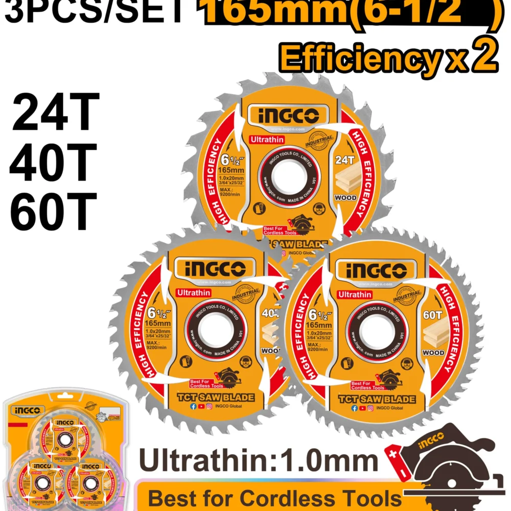 Set disc pentru lemn 165mm 24T/40T/ 60T 3buc. INGCO TSB16503