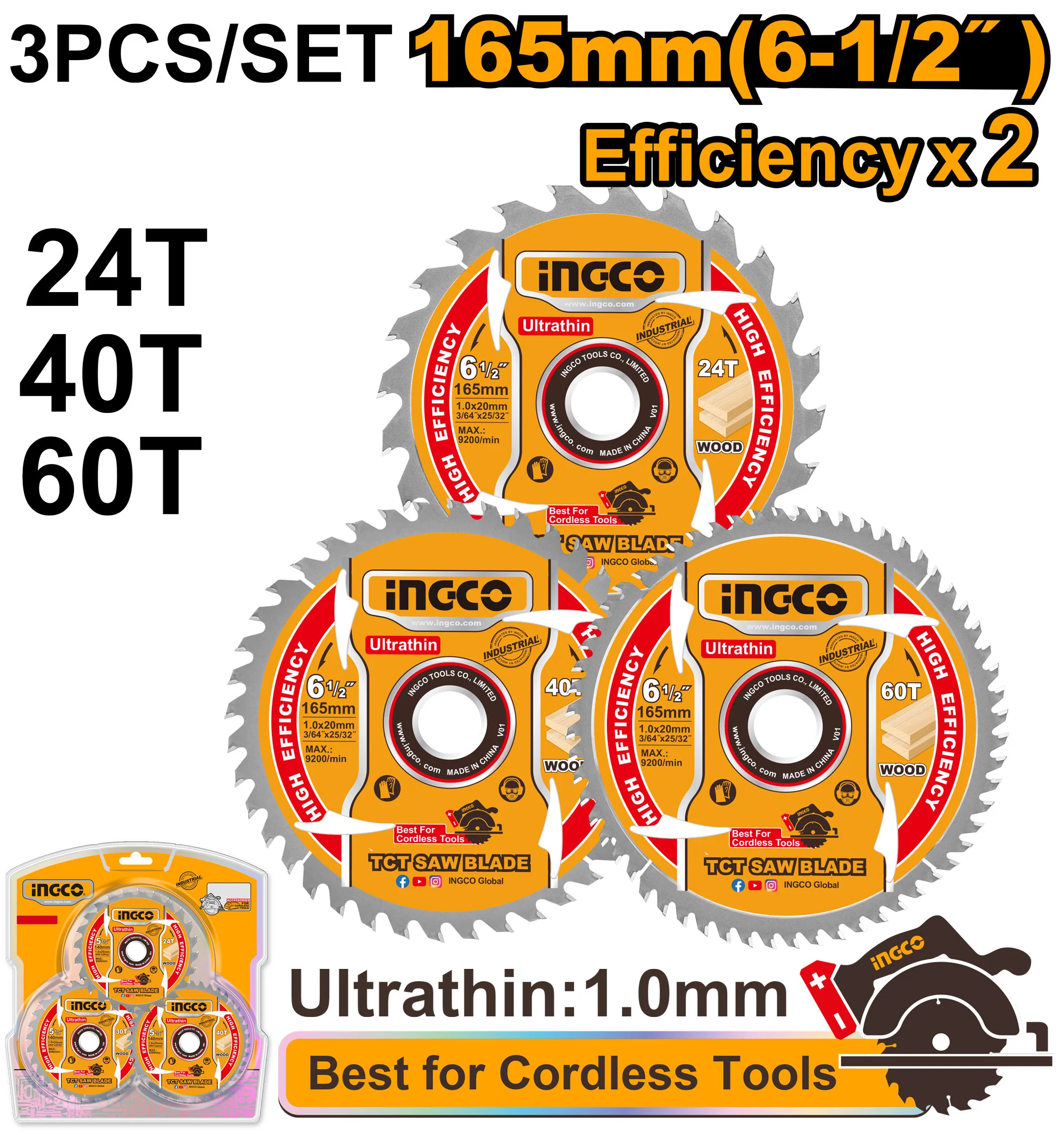 Set disc pentru lemn 165mm 24T/40T/ 60T 3buc. INGCO TSB16503 Set disc pentru lemn 165mm 24T/40T/ 60T 3buc. INGCO TSB16503
