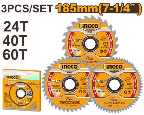 Set disc pentru lemn 185mm 24T/40T/ 60T 3buc. INGCO TSB51852153