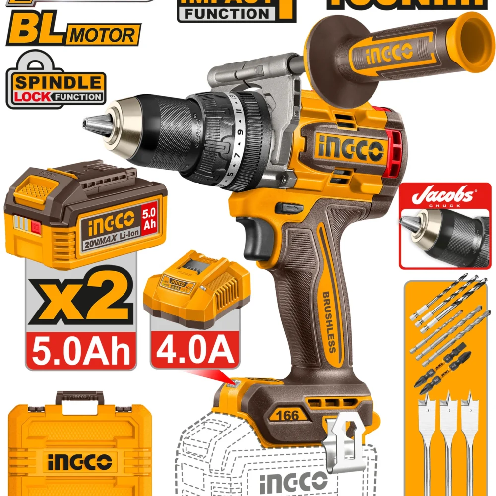 Mașină de înșurubat și găurit cu impact cu acumulator 20V/2*5.0Ah 166N.m INGCO CIDLI201668