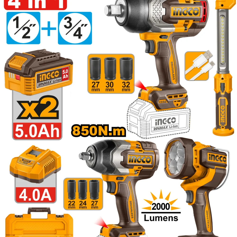 Set din 4 scule cu acumulator 20V/2*5.0Ah INDUSTRIAL INGCO COSLI250782