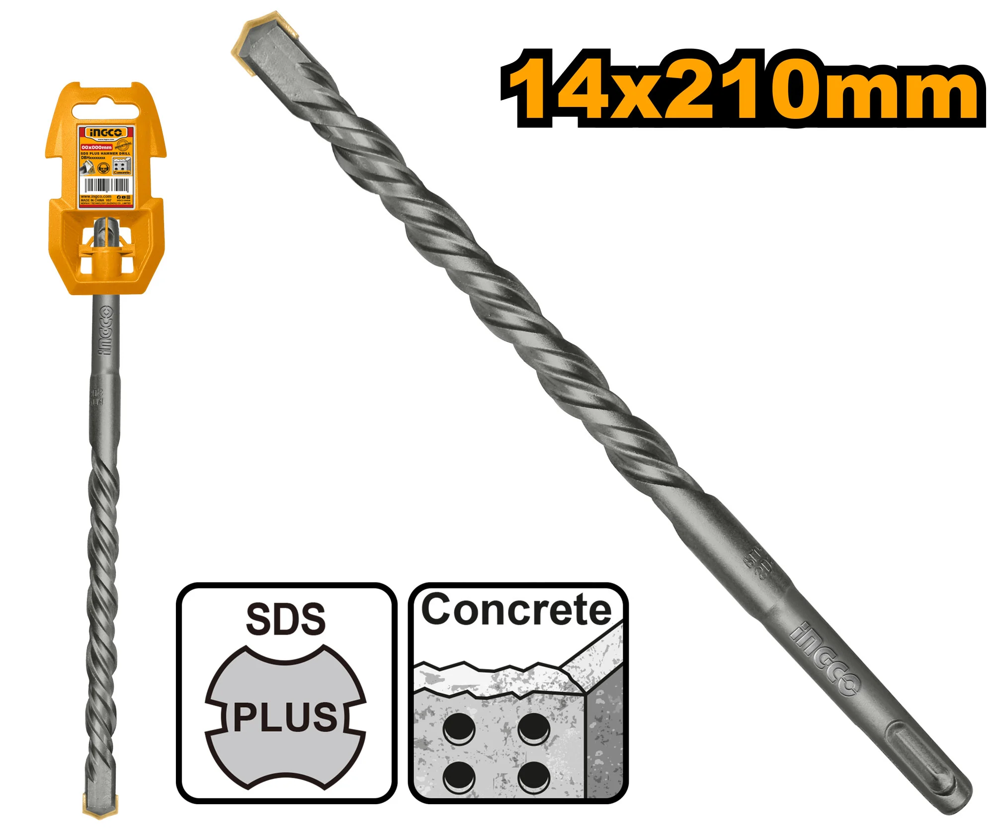 Burghiu pentru beton 14x210mm SDS-Plus INGCO DBH1211402 Burghiu pentru beton 14x210mm SDS-Plus INGCO DBH1211402