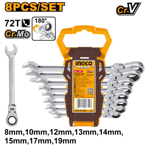 Набор комбинированных гаечных ключей с трещоткой INGCO HKSPAR1083 Set chei combinate cu clinchet 8 buc 8-19mm INGCO HKSPAR1083