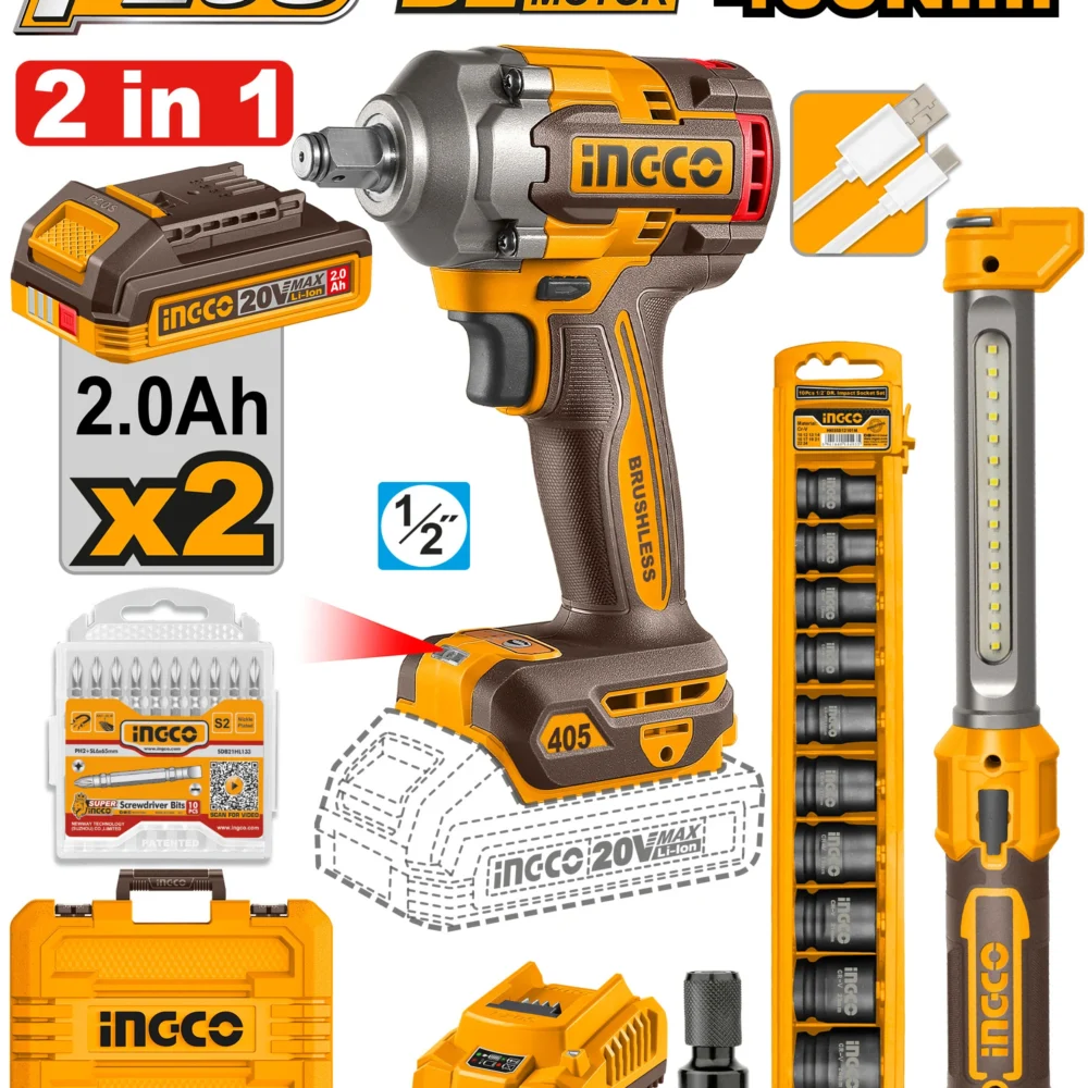 Set masina de insurubat cu impact pe acumulator 405Nm + lampa led 2x2.0Ah INGCO COSLI23056
