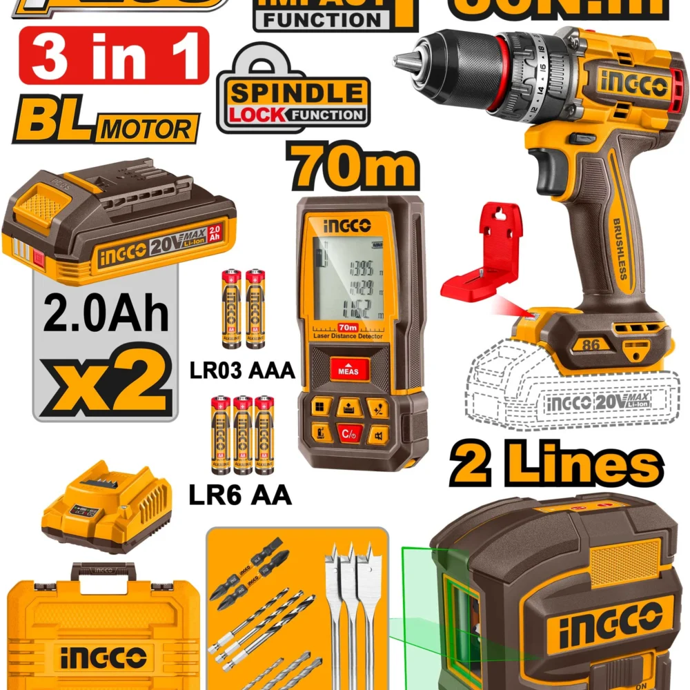 Set din  3 scule cu acumulator 20V/2*2.0Ah INGCO COSLI251001
