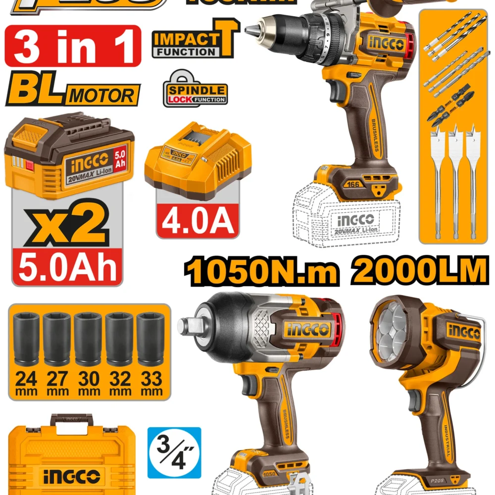 Set din  3 scule cu acumulator 20V/2*5.0Ah  INGCO COSLI250882