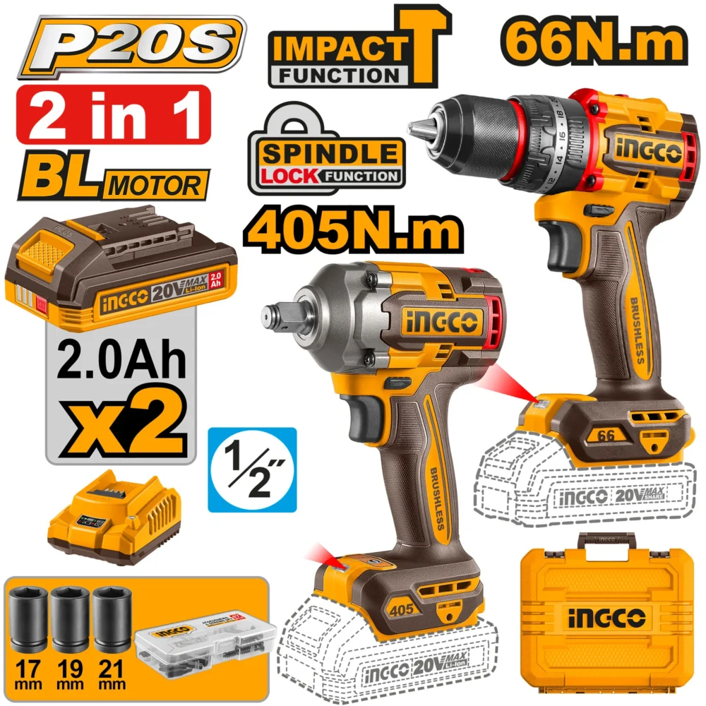 Set din 2 scule cu acumulator 20V/2*2.0Ah INGCO CKLI20286