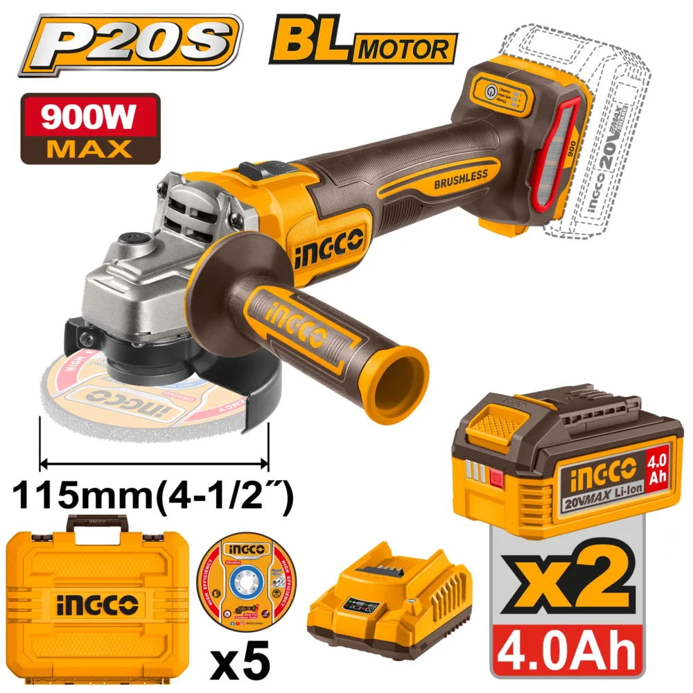 Polizor unghiular cu acumulator 20V/2*4.0Ah 115mm 900W  INGCO CAGLI261522