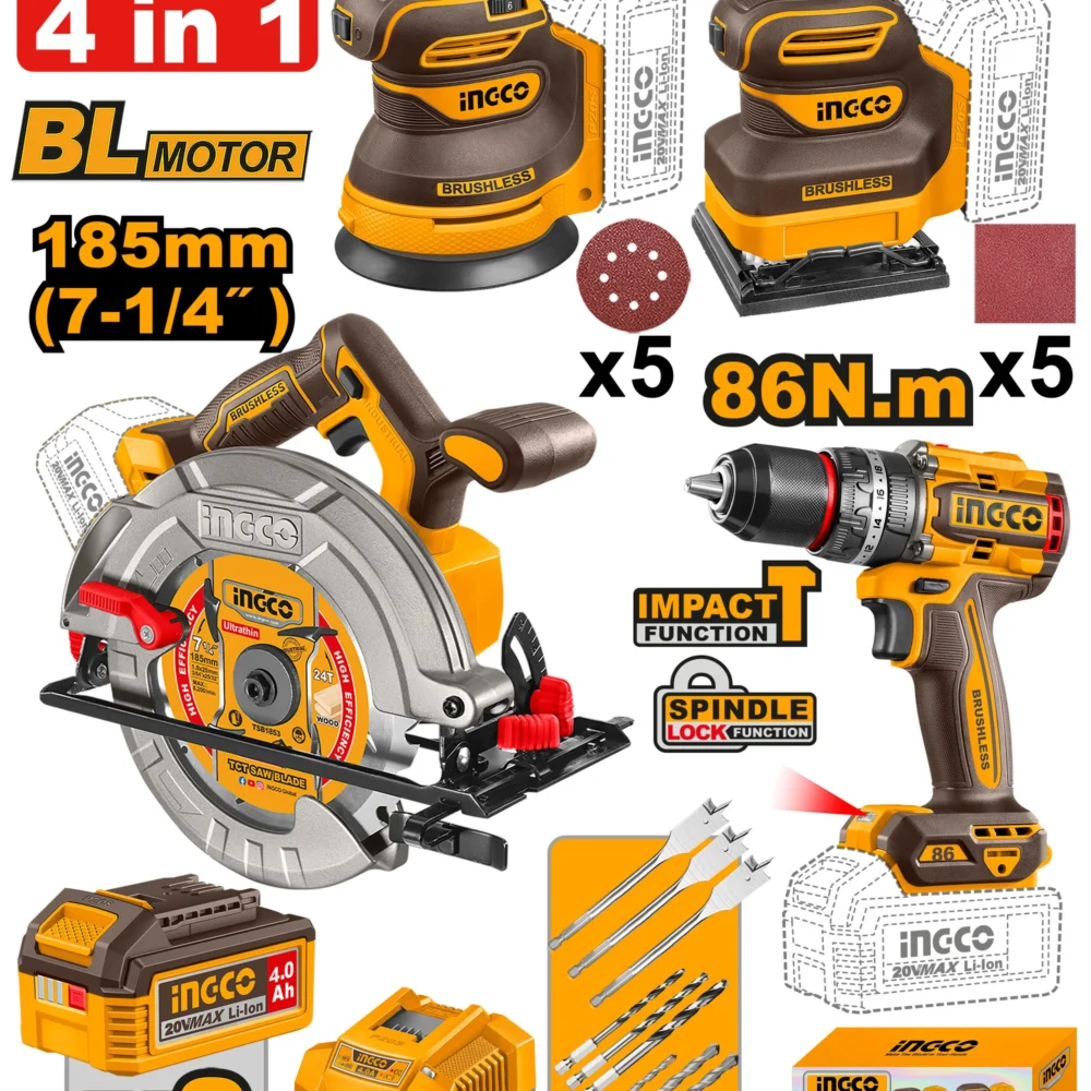Set din 4 scule cu acumulator 20V/2*4.0Ah INDUSTRIAL INGCO COSLI251083