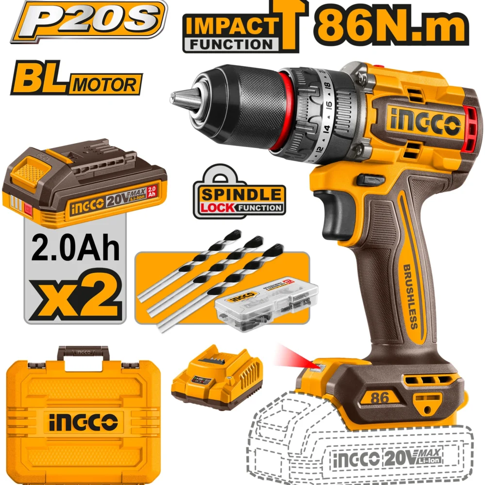 Masina de insurubat si gaurit cu impact pe acumulator 86N.m 20V/2*2.0Ah INGCO CIDLI208687