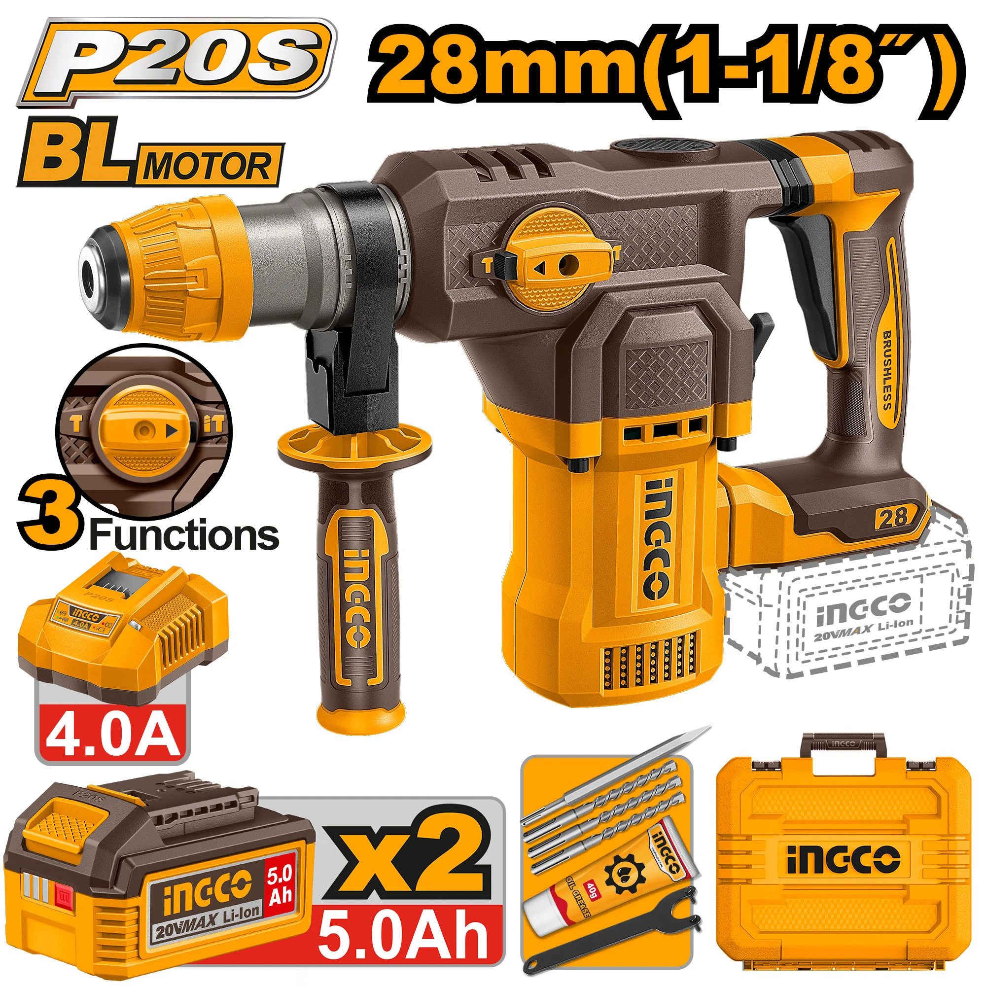Ciocan rotopercutor cu acumulator 20V/2*5.0Ah 28mm INDUSTRIAL INGCO CRHLI202862 Ciocan rotopercutor cu acumulator 20V/2*5.0Ah 28mm INDUSTRIAL INGCO CRHLI202862