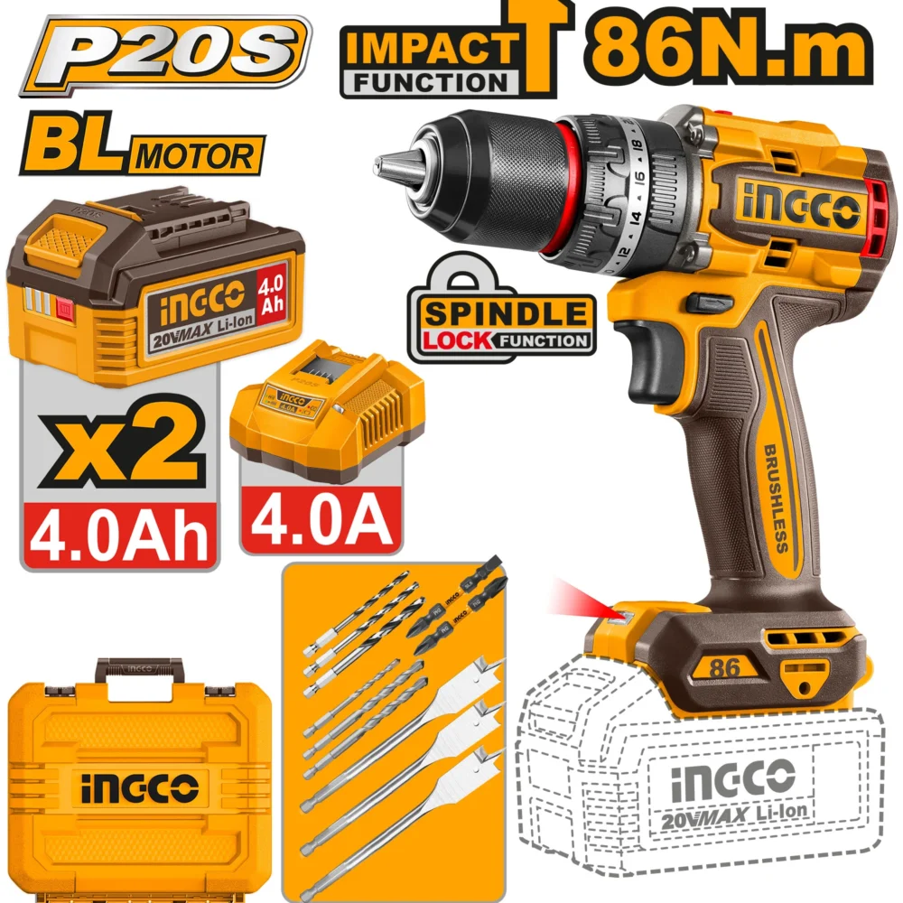 Masina de insurubat si gaurit cu  acumulator 20V/2*4Ah  86N.m INDUSTRIAL  INGCO CIDLI208682
