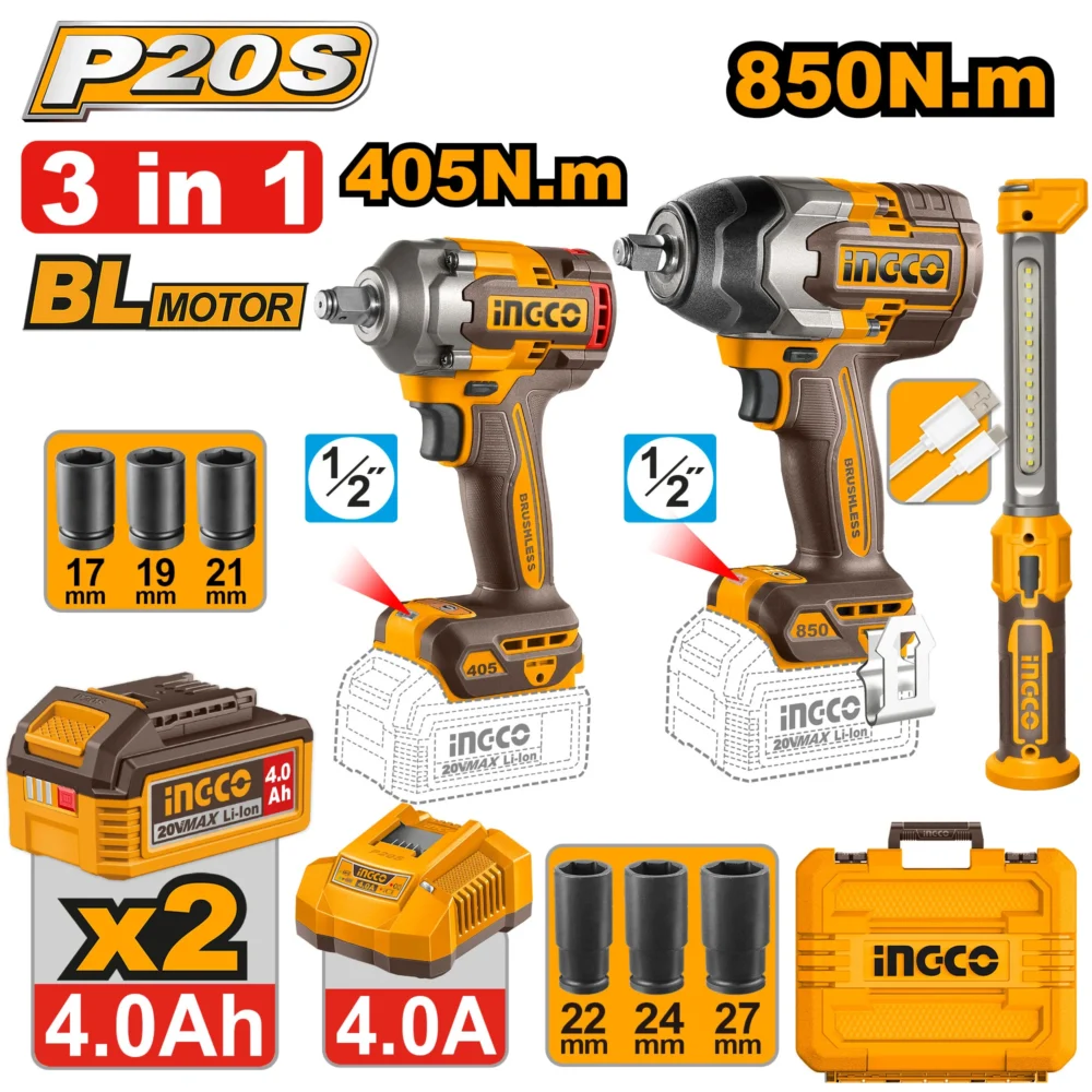 Set din 3 scule cu acumulator 20V/2*4.0Ah INDUSTRIAL INGCO COSLI251085