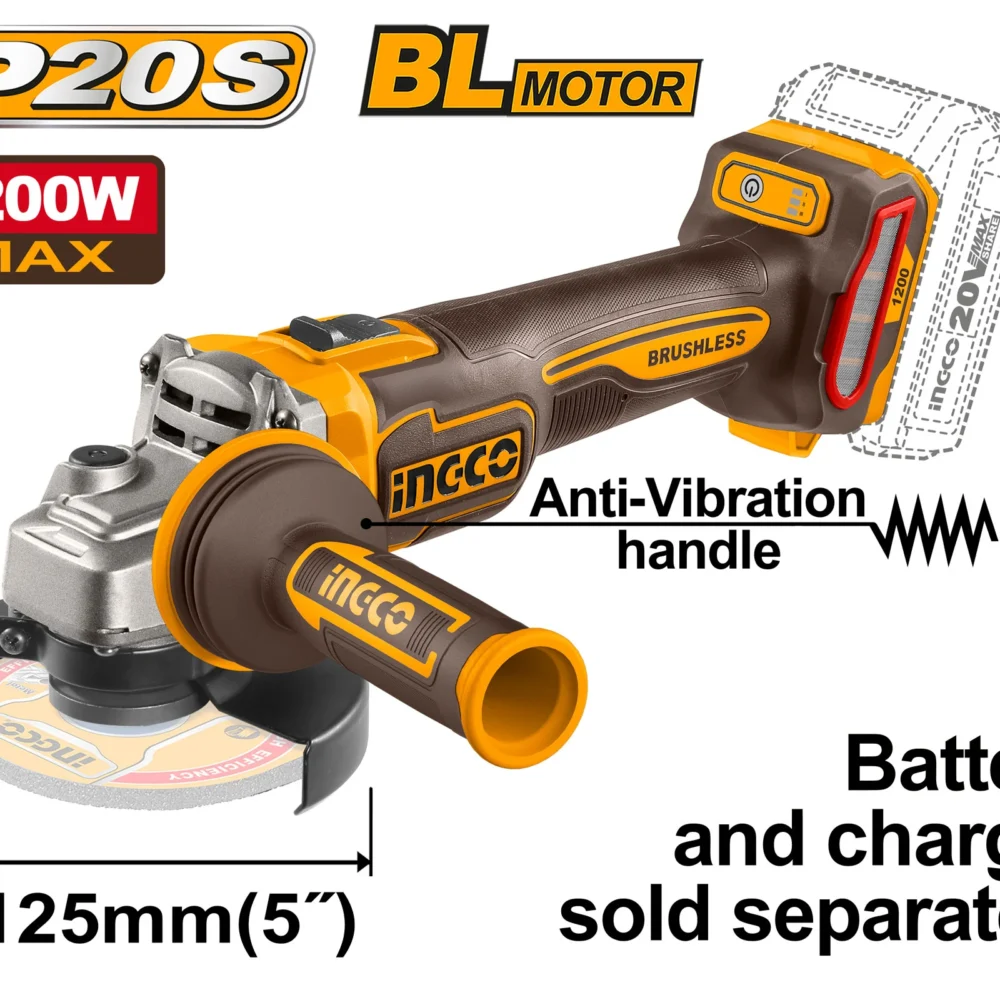 Polizor unghiular compatibil cu acumulator 125mm 1200W  INGCO CAGLI212027