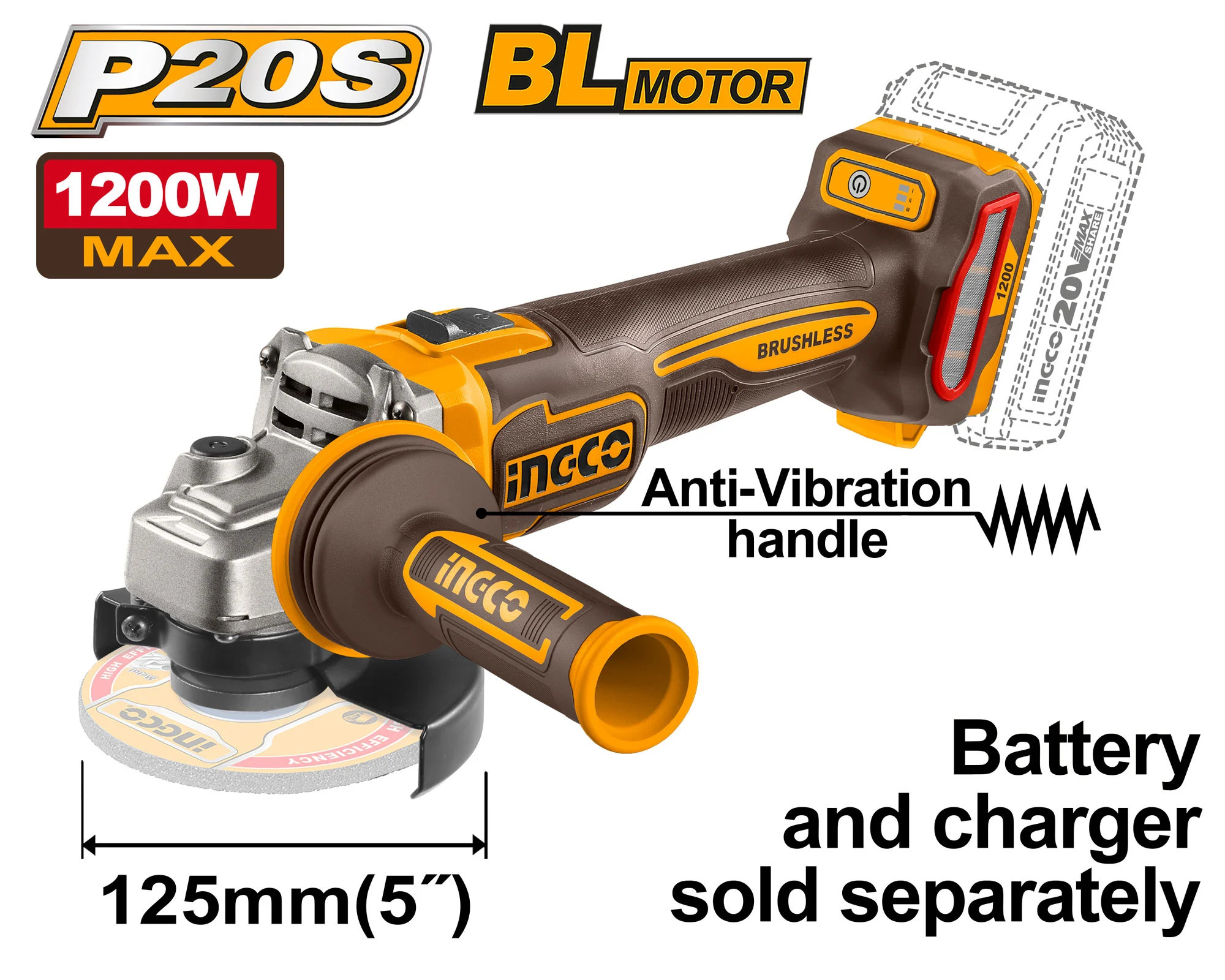 Polizor unghiular compatibil cu acumulator 125mm 1200W INGCO CAGLI212027 Polizor unghiular compatibil cu acumulator 125mm 1200W INGCO CAGLI212027