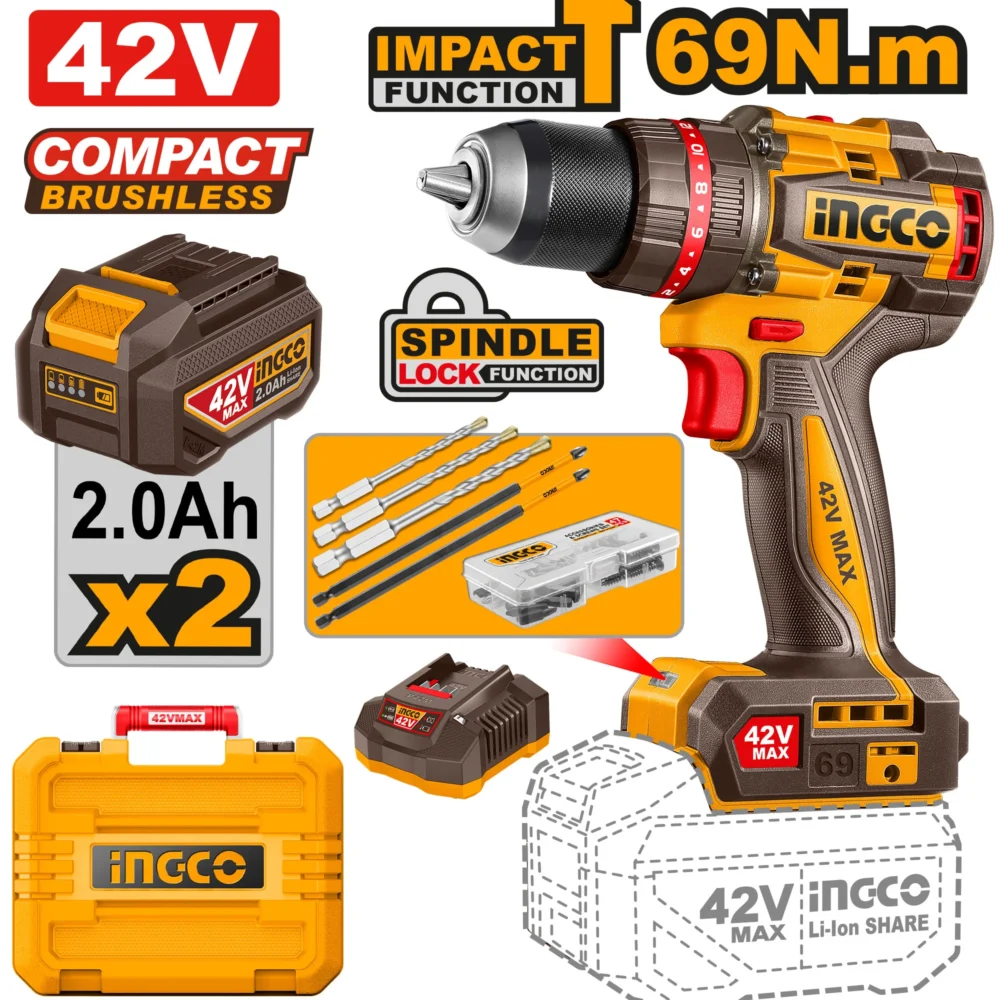 Mașină de înșurubat cu acumulator 42V/2*2Ah 69N.m INGCO CIDLI426982