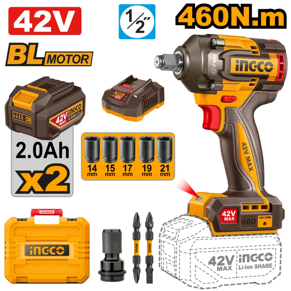 Masina de insurubat cu impact cu acumulator 42V/2*2.0Ah 460Nm INGCO CIWLI42462