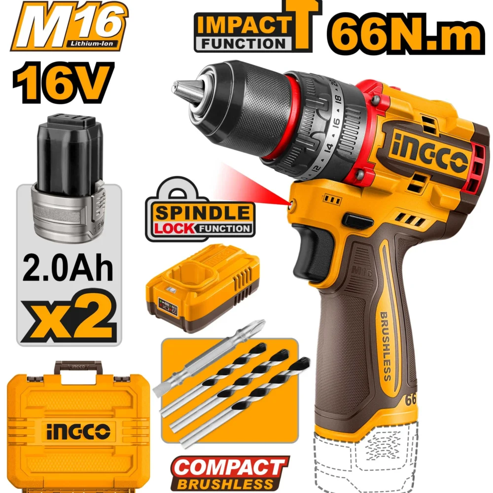 Masina de insurubat cu impact pe acumulator 16V/2*2.0Ah 66N.m INGCO CIDLI166062
