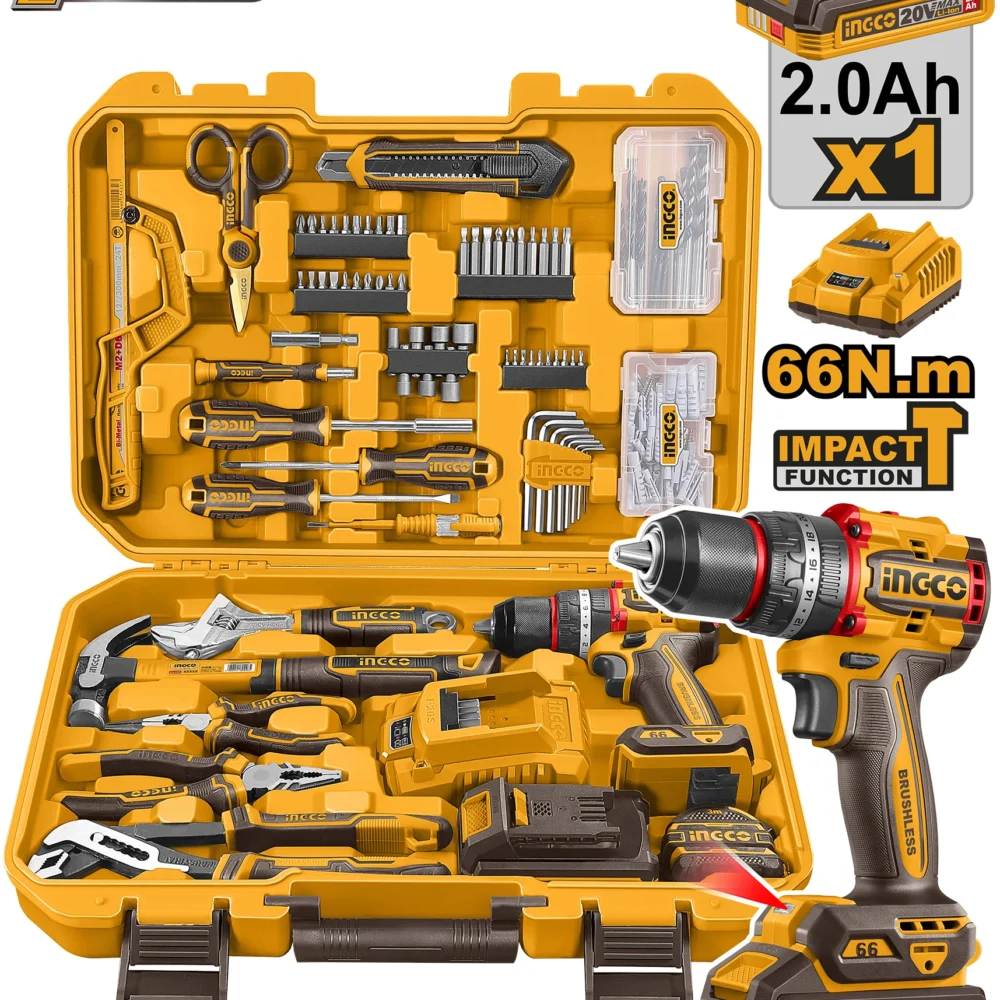 Set 166 buc instrumente cu CIDLI206681 cu acumulator 20V/1*2.0Ah INGCO HKTHP41662