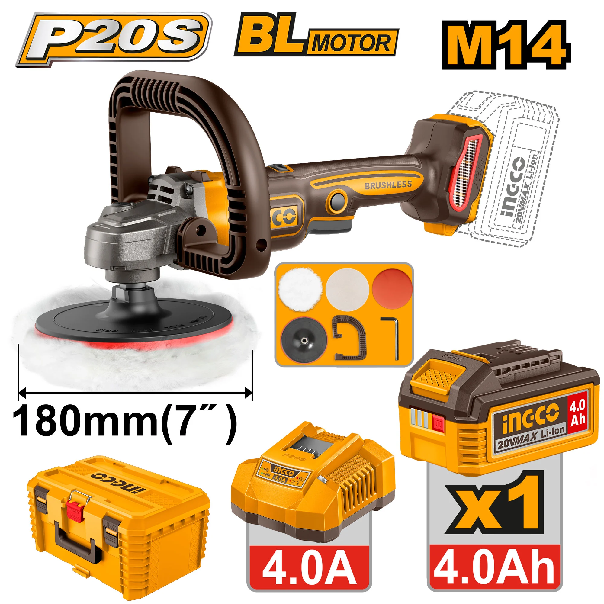 Masina de lustruit 180mm cu acumulator 20V/1*4.0Ah INGCO APLI20188 Masina de lustruit 180mm cu acumulator 20V/1*4.0Ah INGCO APLI20188