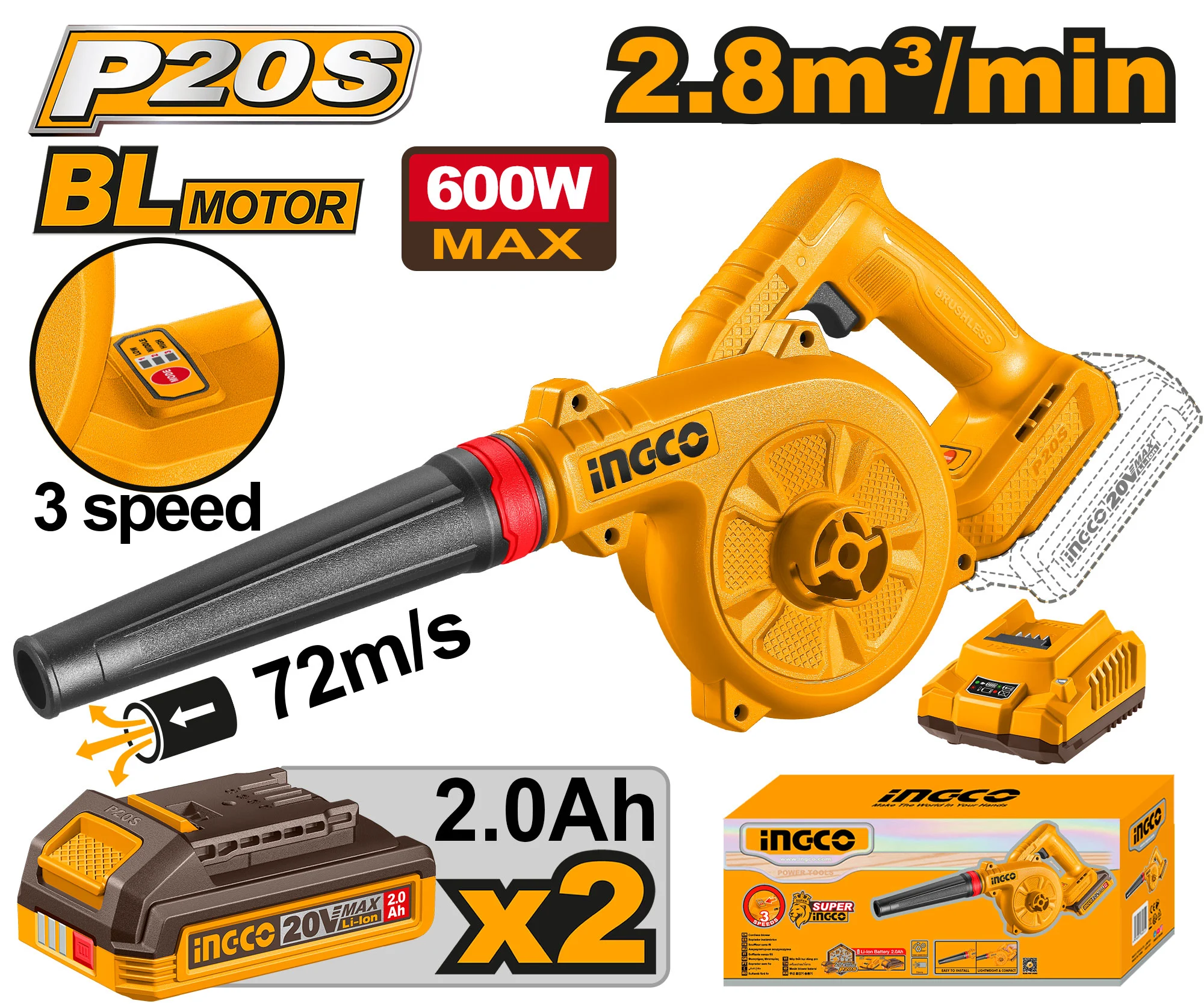 Suflanta frunze cu acumulator 20V/2*2.0Ah INGCO CABLI20682 Suflanta frunze cu acumulator 20V/2*2.0Ah INGCO CABLI20682