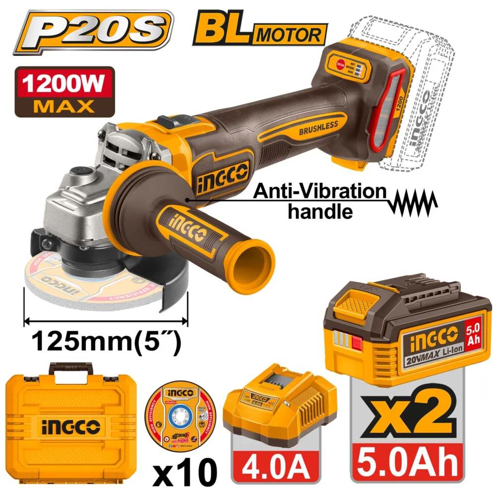 Polizor unghiular 125mm cu acumulator 20V/2*5.0Ah 1200W  INDUSTRIAL INGCO CAGLI2120272