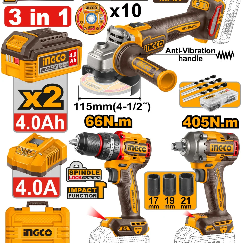 Set din 3 scule cu acumulator 20V/2*4.0Ah INGCO CKLI20358