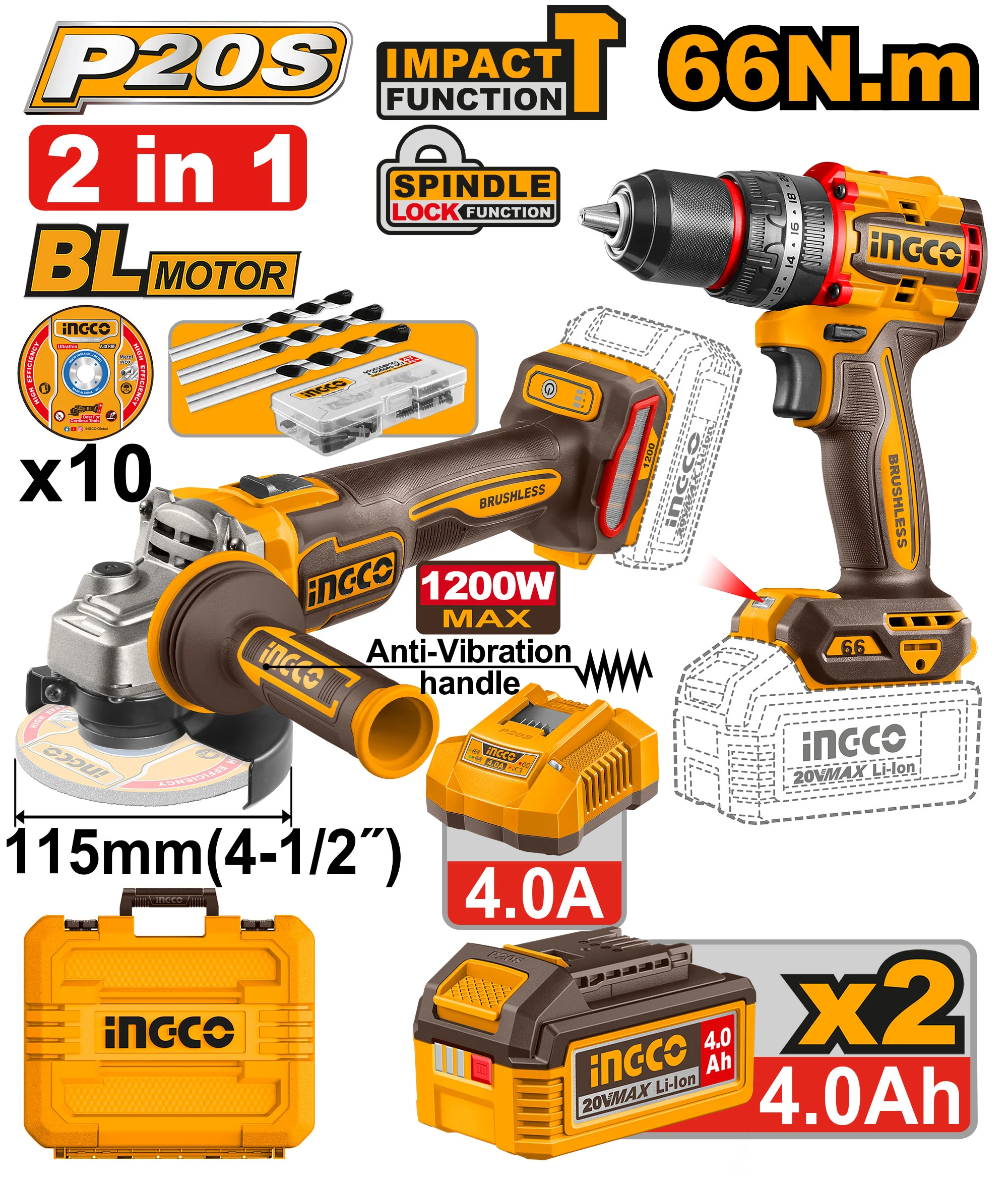Set din 2 scule cu acumulator 20V/2*4.0Ah INGCO CKLI20256 Set din 2 scule cu acumulator 20V/2*4.0Ah INGCO CKLI20256
