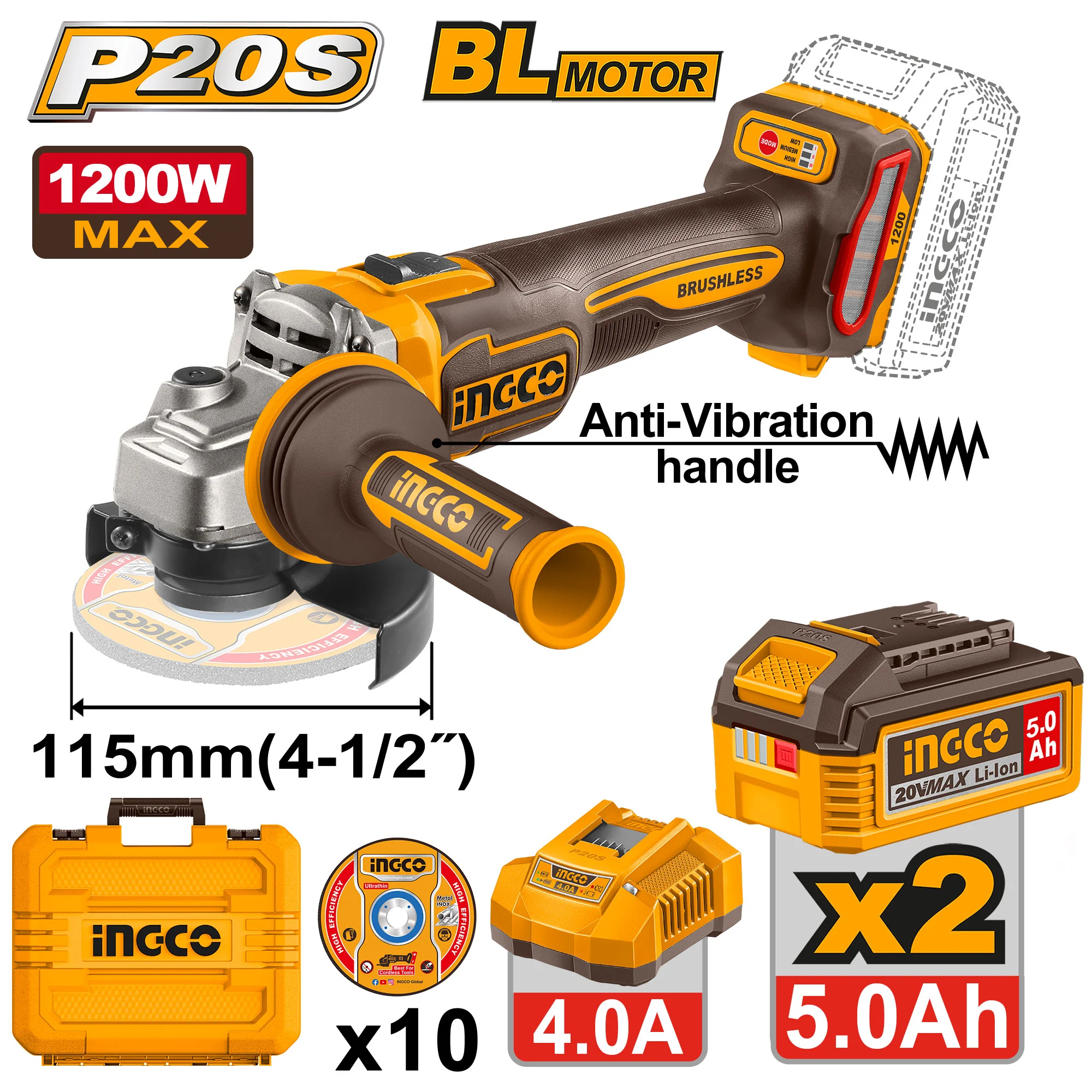 Polizor unghiular cu accumulator 20V/2*5Ah INGCO CAGLI2120252 Polizor unghiular cu accumulator 20V/2*5Ah INGCO CAGLI2120252