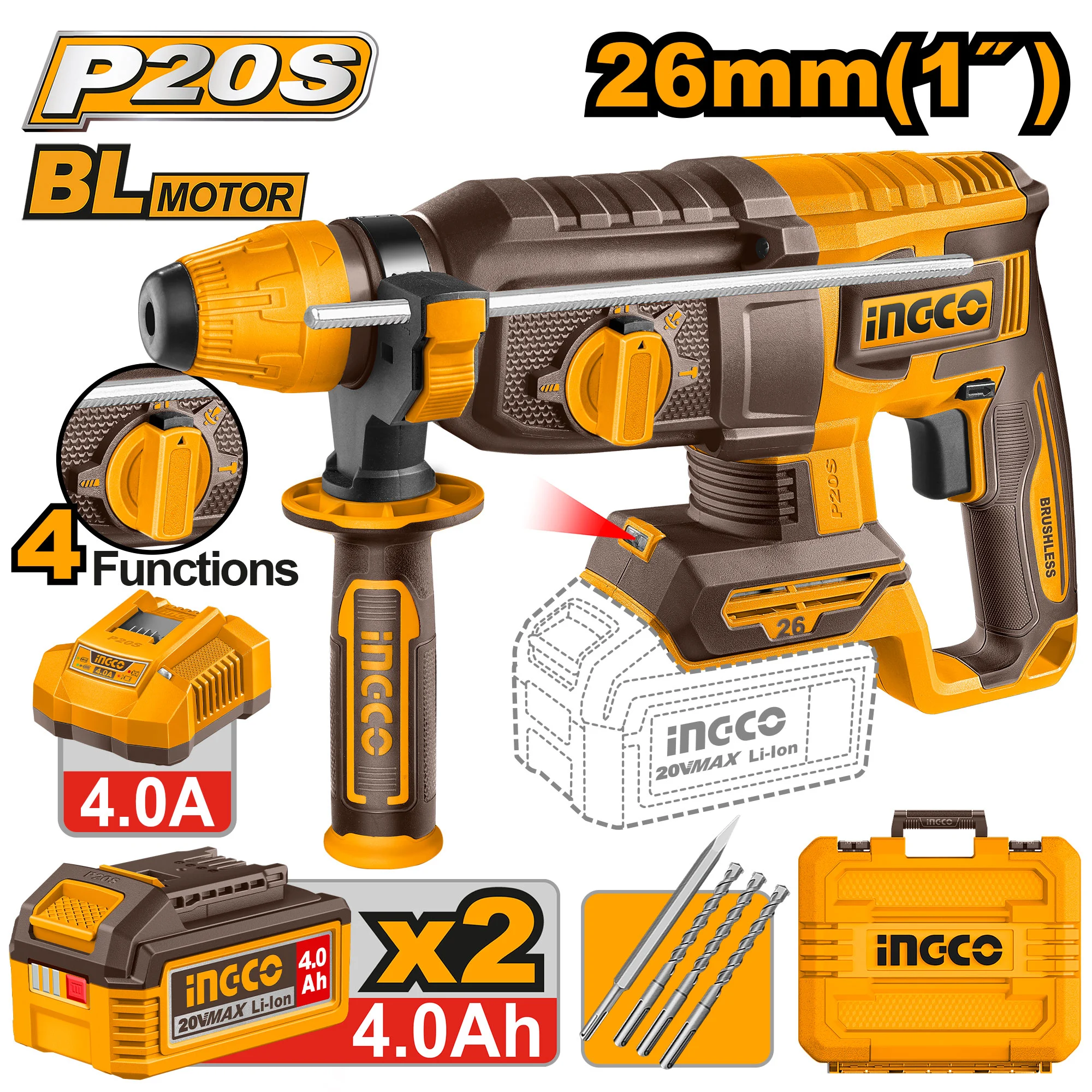 Аккумуляторный перфоратор 26 мм, с безщеточным мотором INGCO CRHLI262085 Ciocan rotopercutor cu acumulator 20V/2*4.0Ah 26mm BL motor INGCO CRHLI262085