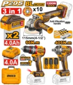 Set din 3 scule cu acumulator 20V/2*4.0Ah INGCO CKLI20358