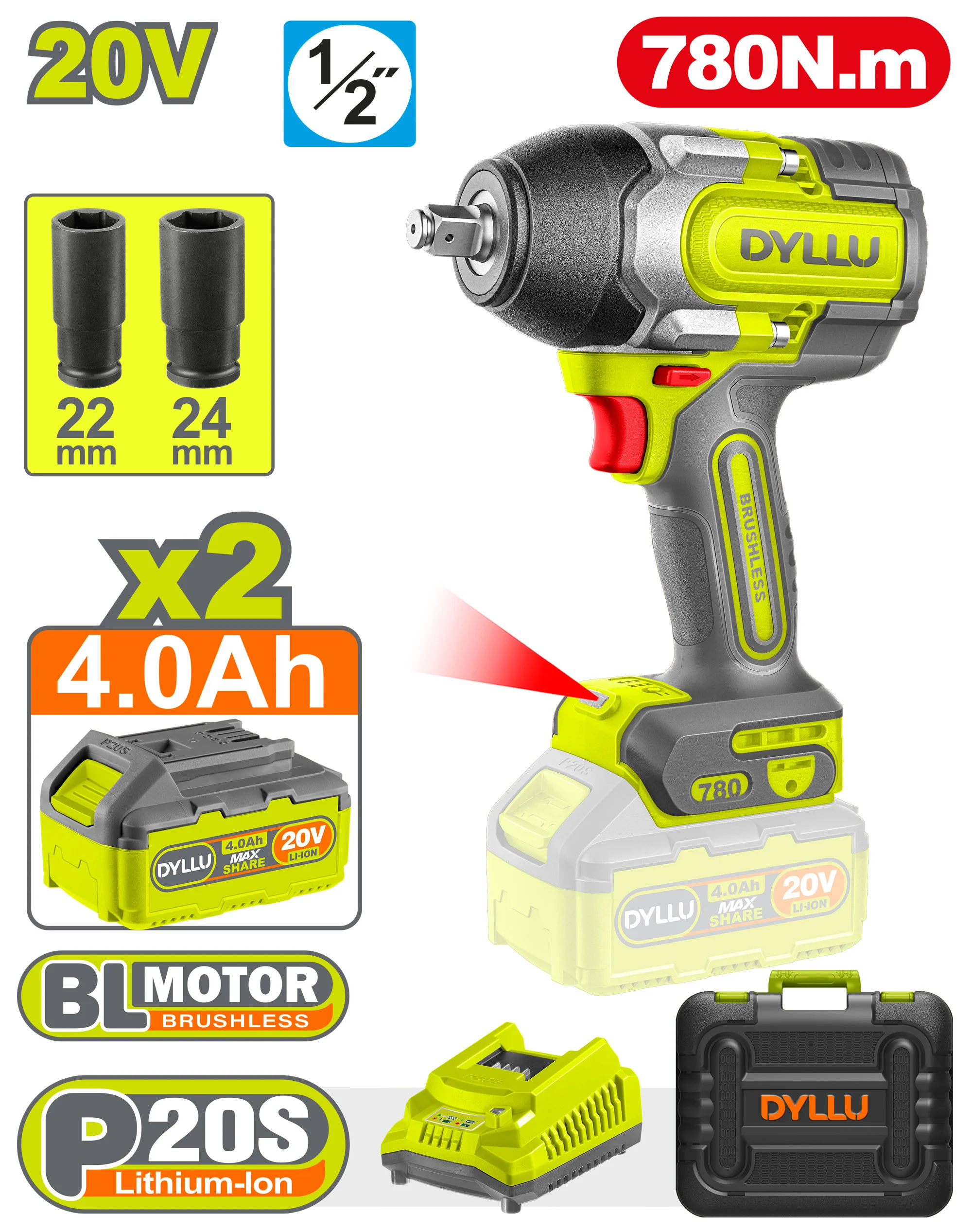 Masina de insurubat cu impact pe acumulator Li-Ion 20V/2*4.0Ah 780Nm DYLLU DTCD1B78 Masina de insurubat cu impact pe acumulator Li-Ion 20V/2*4.0Ah 780Nm DYLLU DTCD1B78