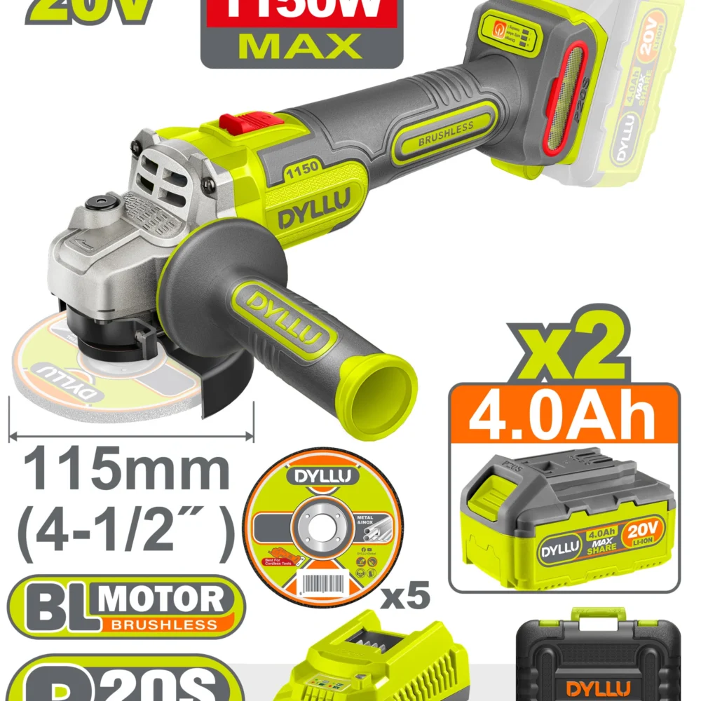 Polizor unghiular 115mm cu acumulator 20V/2*4.0Ah 1150W DYLLU DTLAPB522