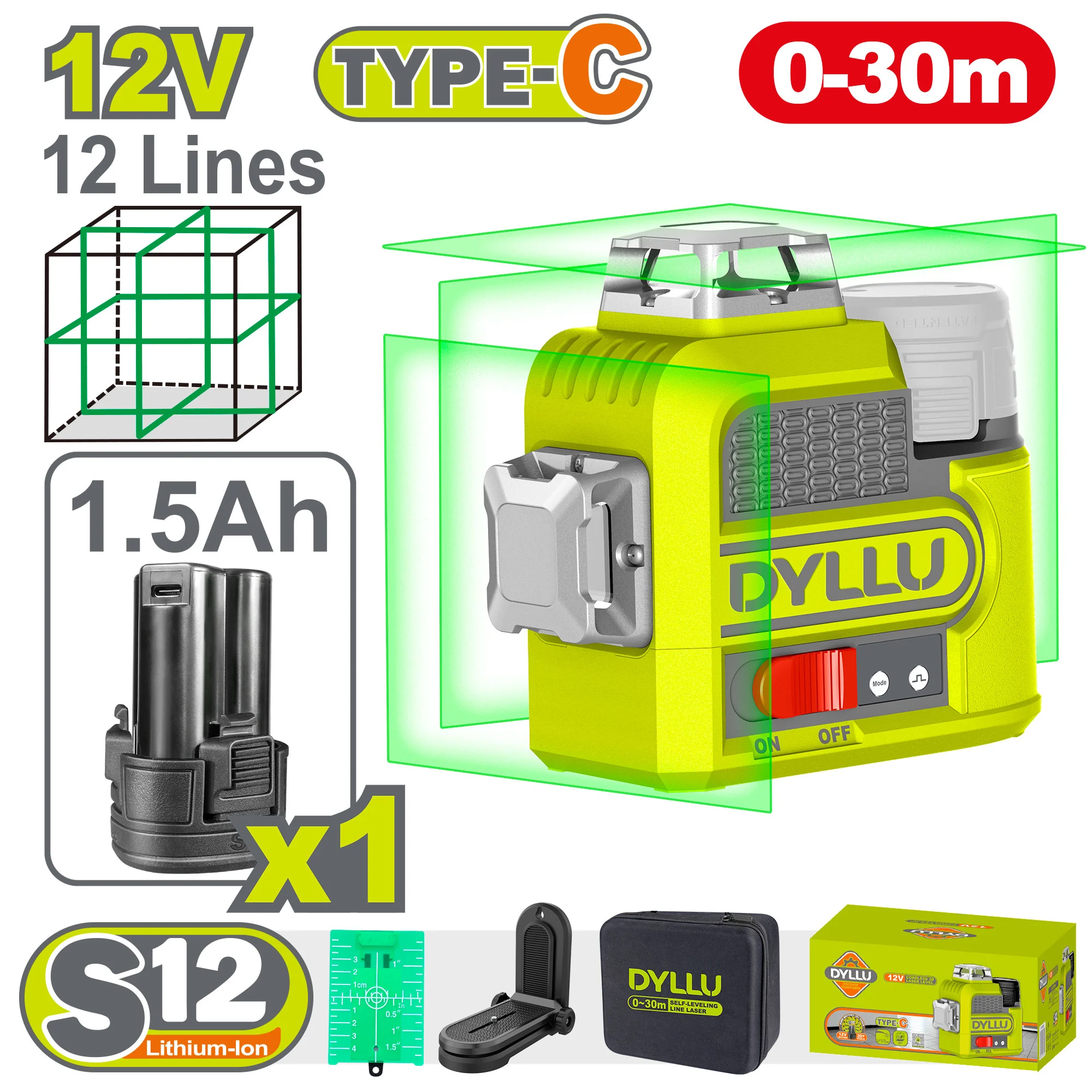 Nivelă laser multi-linie 0-30m Verde DYLLU DTLE8M12 Nivelă laser multi-linie 0-30m Verde DYLLU DTLE8M12