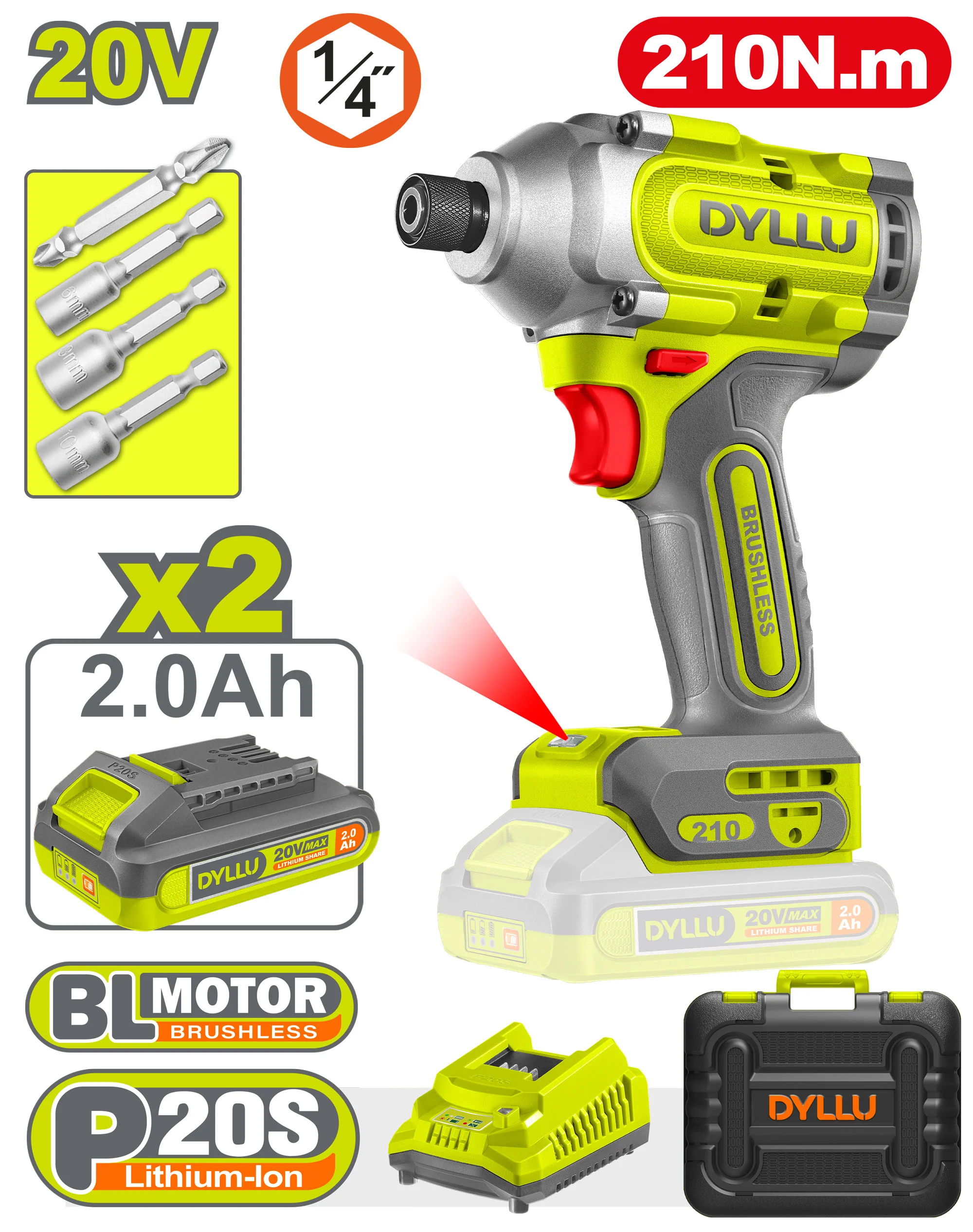 Masina de insurubat cu impact pe acumulator Li-Ion 20V/2*2.0Ah 210Nm DYLLU DTCD2B21 Masina de insurubat cu impact pe acumulator Li-Ion 20V/2*2.0Ah 210Nm DYLLU DTCD2B21