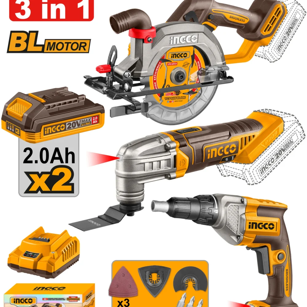Set din 3 scule cu acumulator 20V/2*2.0Ah INGCO COSLI250382