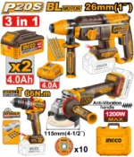 Set din 3 scule cu acumulator 20V/2*4.0Ah INGCO CKLI202598