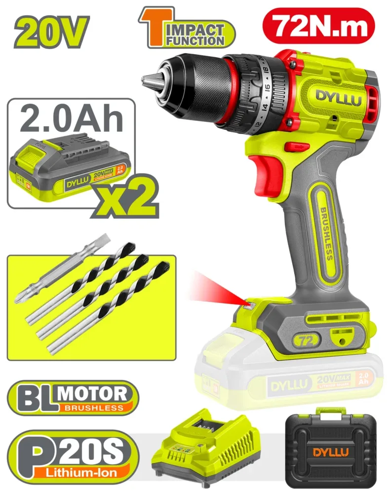 DTCDP7281 Mașină de găurit și înșurubat cu acumulator 20V/2*2.0Ah 72N.m DYLLU DTCDP7281 - imagine 1